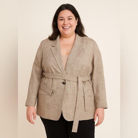 LAFAYETTE 148 NEW YORK One Button Blazer Jacket Beige Linen Belted Size XL - Picture 1 of 11